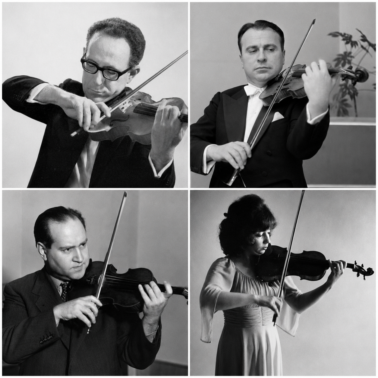 Collage of Tatsis Apostolidis, Lydia Mordkovitch, David Oistrakh, and Henryk Szeryng